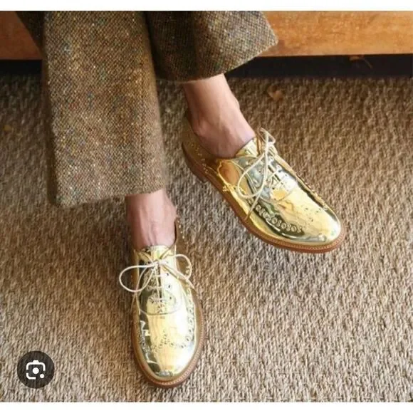 The Office of Angela Scott Mr Leopold gold patent leather Oxford 37.5/7.5 new wi - Picture 1 of 7